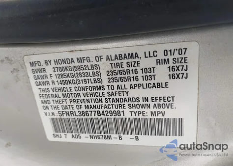 2007 Honda Odyssey Ex-L из США, поврежденный, VIN 5FNRL38677B429981